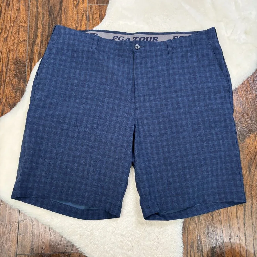 PGA Tour Golf Shorts 42 Blue Plaid Stretch Athletic Summer Men's